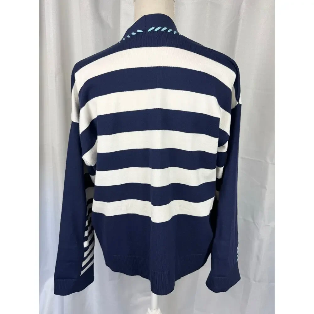 Chico's Striped Cardigan Sweater M Nautical Coastal Grandma Open Front - Picture 5 of 7